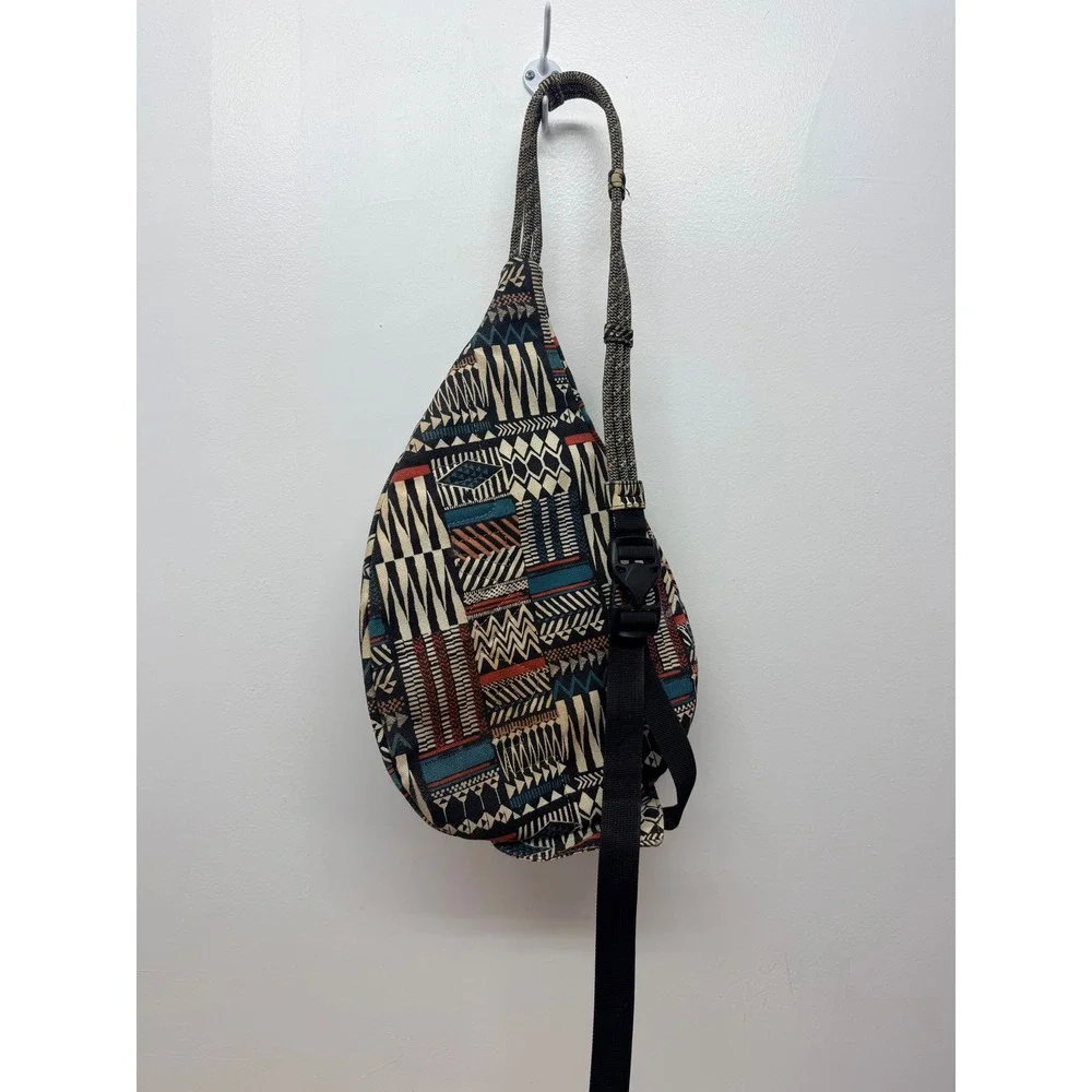 KAVU Rope Bag Canvas Sling Backpack Geometric Tribal Print Black Teal Orange #49